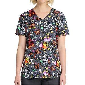 Disney Mickey Mouse and Friends Candy Fun Halloween Women's V-Neck Scrub Top 3XL